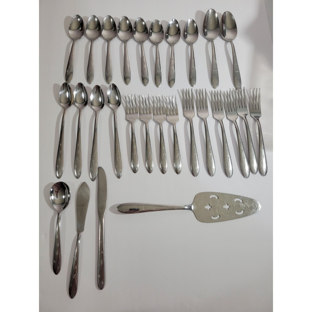 Marcrest Atomic Starburst Flatware 28 pieces Stainless Silver Incomplete